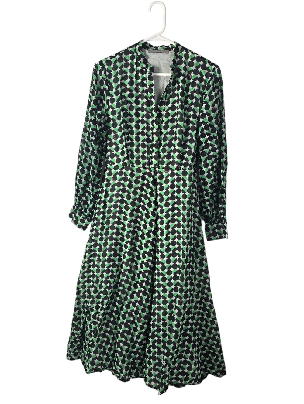 Marella Max Mara Gabbia Silk Cotton Blend Midi Shirt Dress Green Geometric 6